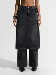 SHEIN Unity Quần denim Skort 2 trong 1 thời trang nữ đã giặt - màu đen - Xem 3