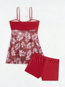 Swim Lushoire 2025 Frauen Strand Urlaub tropische Pflanzen Muster lässiges Spaghetti-Träger Schwimm-Kleid, zufälliger Muster Sommer - Rot - Übersicht 4