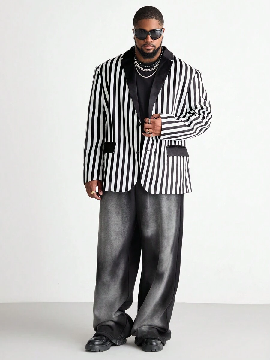 Manfinity VCAY Plus Size Men Street Fashion Striped Weave Long Sleeve Blazer, For Fall Winter - Multicolor - View 1