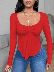 VaVaBold 纯色INS新品方领长袖荷叶边下摆不对称下摆女休闲T恤秋季女装新年衣服