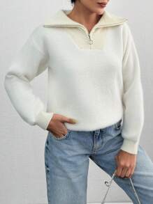 EURMUSE Women Solid Color Hairy Yarn Zipper Neck Pullover - Beige - View 2