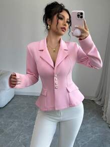 Selianne 女士修身粉色衬衫，配仿口袋和仿领 - 粉色 - 查看 1