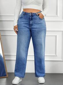 SHEIN Cottnline Plus Size Solid Color Washed Straight Jeans - Light Wash - View 3