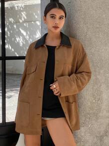 DAZY Color Block Loose Long Sleeve Collar Pocket Faux Suede Women's Regular Jacket