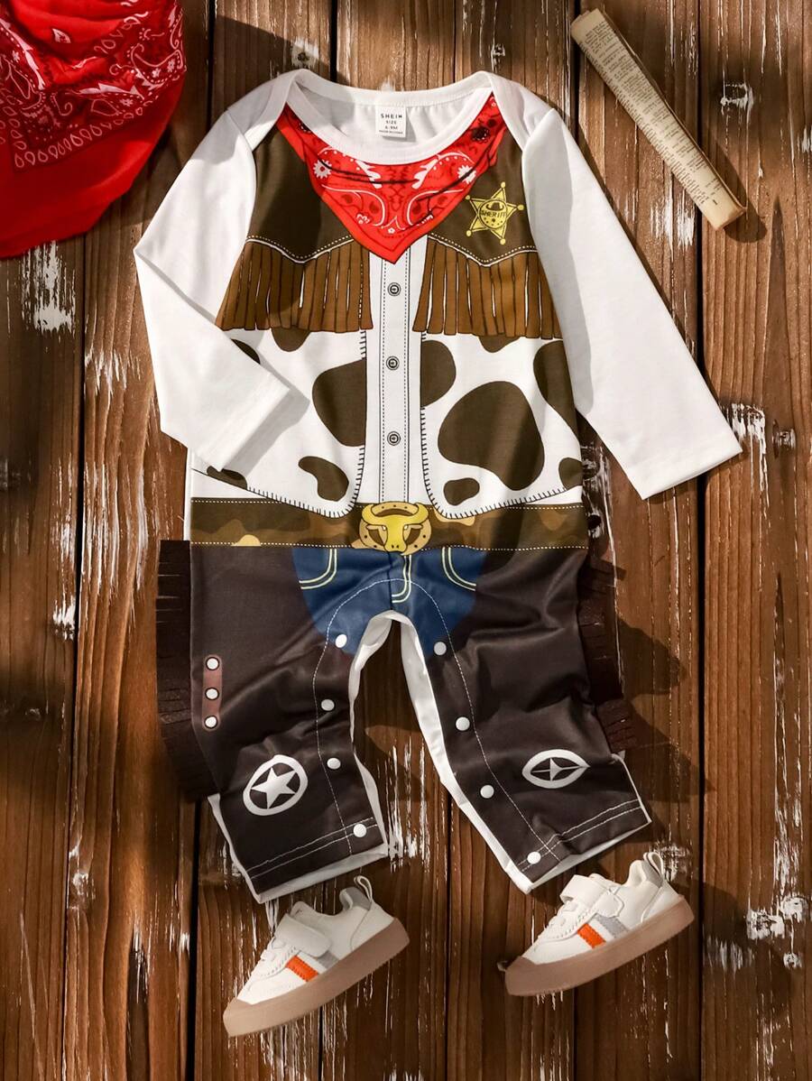 SHEIN Wildeya Pelele estilo vaquero vintage americano para bebé niño, de tela suave y versátil, cómodo para bebés y niños pequeños, adecuado para otoño, invierno, primavera, salidas, sesiones de fotos, fiestas, con decoración de borlas 3D