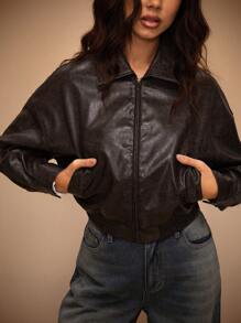 Forever 21 女式时尚休闲蝙蝠袖拉链短夹克，秋季 - 棕色 - 查看 6