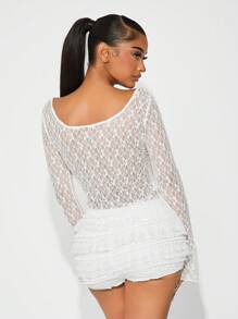 SHEIN SXY Áo thun tay dài cổ nơ họa tiết đan viền bất đối xứng, thu/đông - trắng - Xem 2