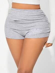 SHEIN SXY 女士字母印花翻腰休闲运动短裤、女士运动短裤、女士运动服