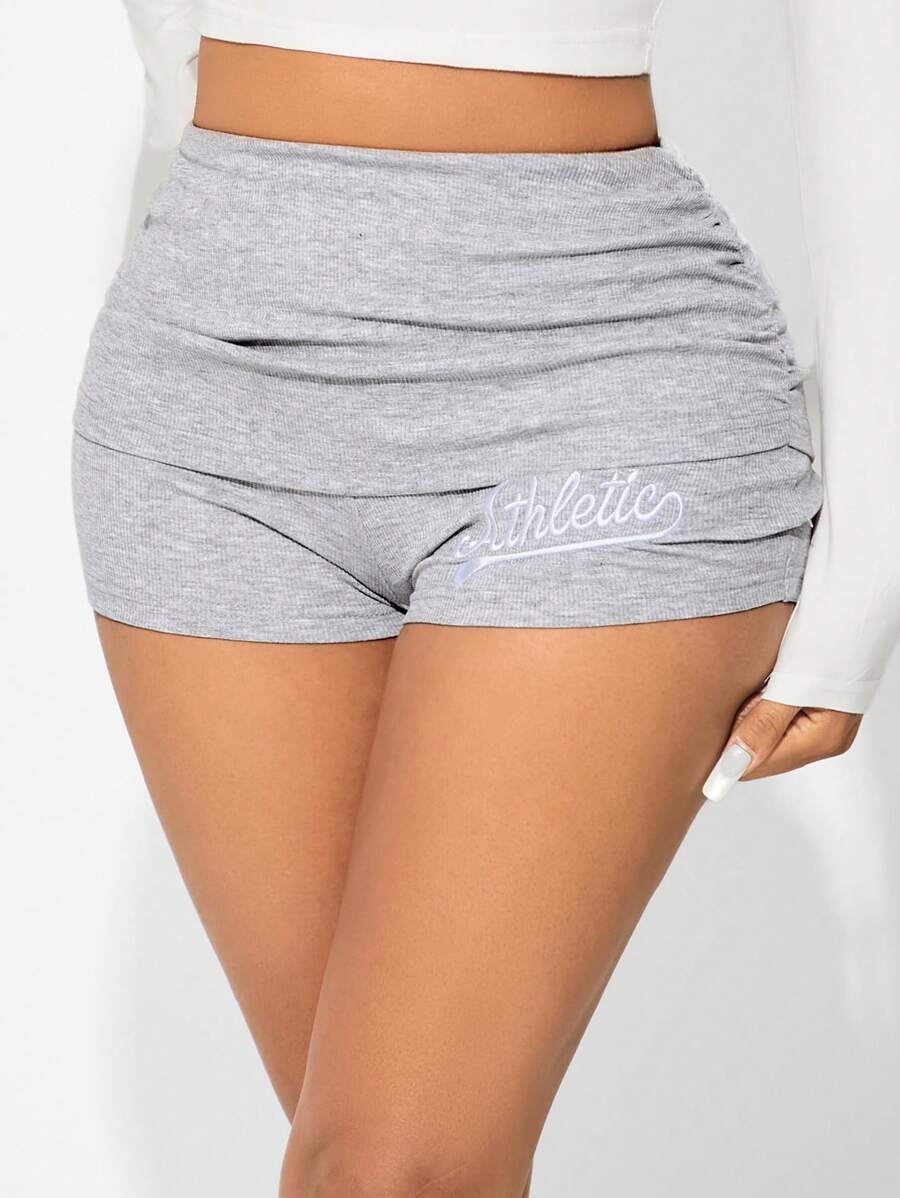 SHEIN SXY 女士字母印花翻腰休闲运动短裤、女士运动短裤、女士运动服