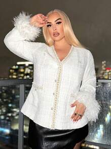 SHEIN SXY Plus Size Women's Winter White Furry Collar Slim Fit Casual Jacket,Suitable For Daily Wear, Dates,Prom, Parties, New Year Gatherings, Banquets,Cocktail, Elegant, Body Modification And Body Curves