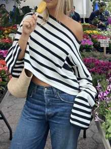 INAWLY Suéter holgado de punto suelto con hombros descubiertos y rayas, talla grande, para otoño e invierno - Blanco y Negro - Ver 1