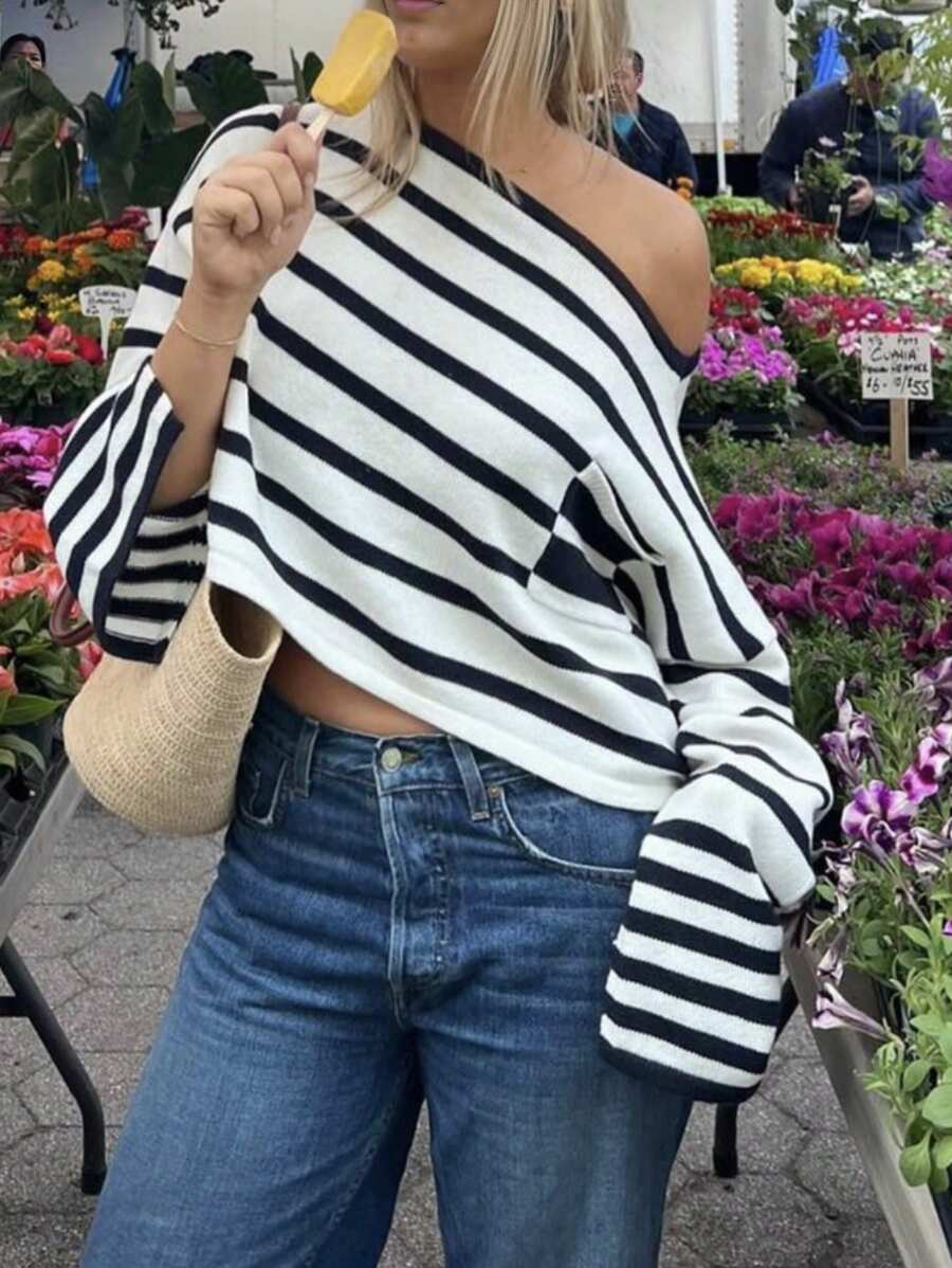 INAWLY Plus Size Loose Knit Slouchy Off Shoulder Striped Pullover Sweater Knit Pullover Fall Winter - Black and White - View 1