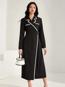 Heiryn Women Contrast Piping Lapel Collar Wrap Tie Long Dress, Spring/Autumn