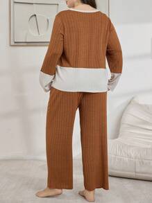 Lazeform Contrast Color Block Rib Knit Loose Long Sleeve Pajama Set, Plus Size