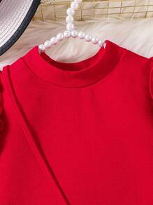 青少年女孩优雅珍珠泡泡袖 A 字裙配蝴蝶结包包装饰，秋冬装，适合圣诞节 - 酒紅色 - 查看 3