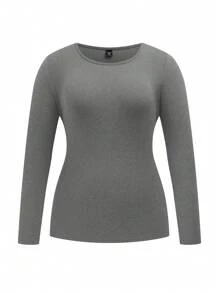 SHEIN LUNE Plus Size Crew Neck Long Sleeve Mossaic Fleece Warm T-Shirt, Autumn/Winter