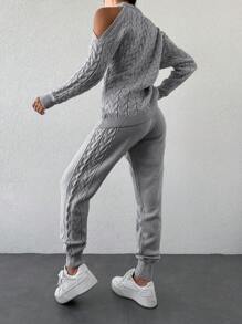 EURMUSE Ladies' Cold-Shoulder Long-Sleeve Sweater And Sweater Pants Two Piece Set - Light Grey - View 2