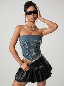 SHEIN ICON Distressed Five-Pointed Star Patch Denim Halter Tank Top - Dark Wash - View 5