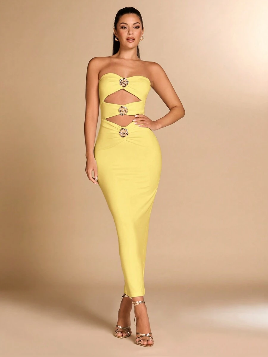 SHEIN BAE Women's Autumn Metallic Floral Decor Form-Fitting Sexy Hollow Out Sleeveless Tube Top Long Pants Jumpsuit