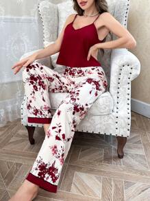 CottageSlumber Conjunto de pijama con camiseta de tirantes de cuello en V de unicolor y pantalones de estar por casa estampados
