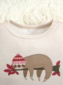 Baby & Baby Girl Beige Color Cute Sloth Print Pattern Long Sleeve Snug Fit 2pcs Loungewear Set - Apricot - View 5