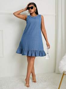 SHEIN SXY Váy denim rách thường ngày cỡ lớn có viền xếp nếp, không tay - Rửa nhẹ - Xem 2