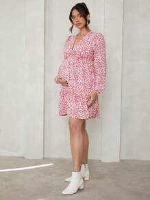 MaterniChic Maternity Autumn Ditsy Floral Ruffle Trim Dress, Fit For Valentine's Day, Party, Baby Shower - Pink - View 4