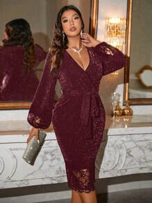 SHEIN Clasi Damen einfarbiges Kleid mit Laternärmeln, V-Ausschnitt und Pailletten, mittellang, Abendkleid in Burgunderrot, Maxikleid Outfit für Damen