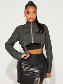 SHEIN SXY 复古水洗效果短款工装夹克，带大口袋，秋冬季秋季服装女士 - 深灰色 - 查看 7