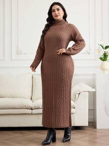 Mulvari Plus Size Solid Color Turtleneck Fitted Maxi Sweater Dress, Casual For Autumn & Winter - Brown - View 6