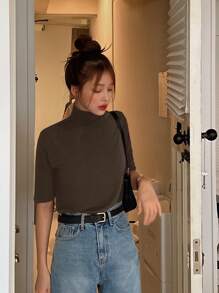 DAZY Women's Solid Color Stand Collar Short Sleeve Casual Top, Everyday Wear