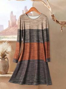 EMERY ROSE Women's Autumn Colorblock Round Neck Long Sleeve Casual Mid-Length Dress , Fall - Multicolor - View 1