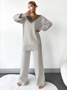 RueChic Contrast Trim Drop Shoulder Sweater & Knit Pants - Beige - View 1