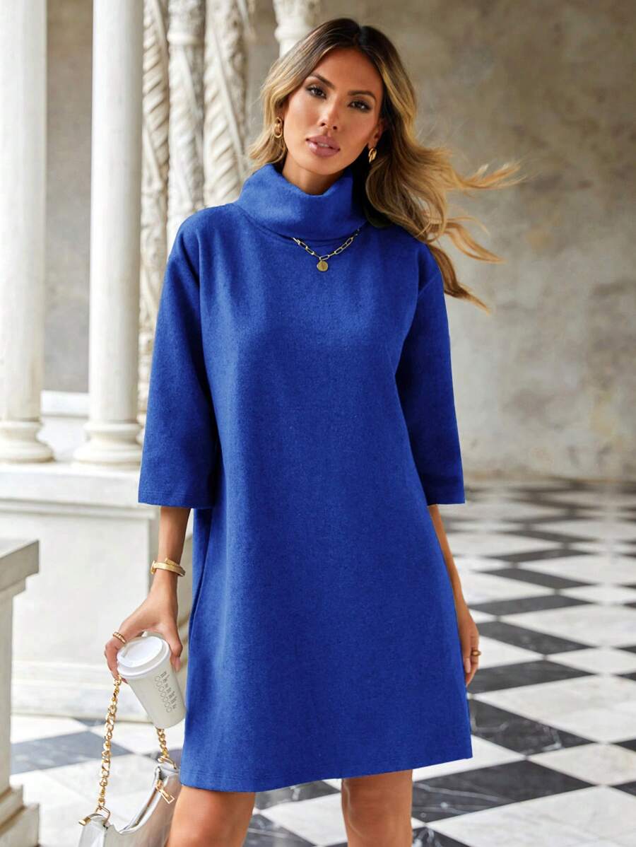 EURMUSE Ladies' Solid Color High Neck Drop Shoulder Sweater Dress - Blue - View 1