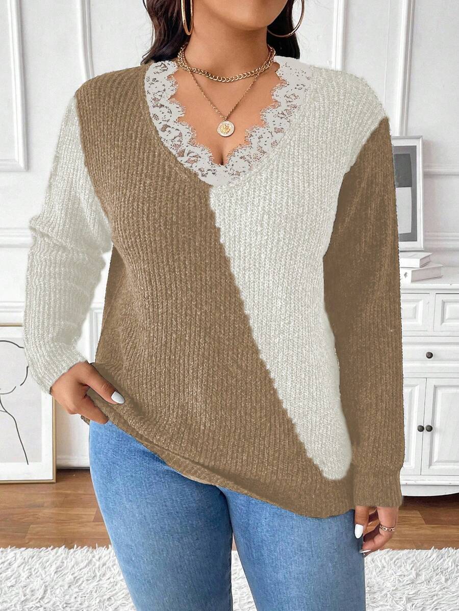 Celure Suéter de punto con cuello en V, volantes y contraste de color para mujer de talla grande, para otoño e invierno