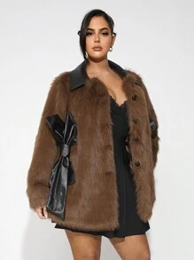 SHEIN SXY 大码女款棕色和黑色拼接 PU 皮革蝴蝶结装饰保暖外套，甜美青春，宽松版型，秋冬 - 摩卡棕 - 查看 7