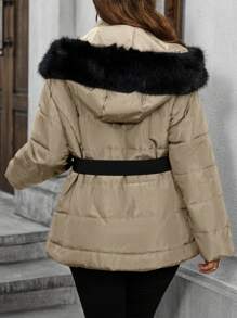 SHEIN LUNE Abrigo con capucha acolchado de manga larga con cremallera en talla grande, diseño de patchwork esponjoso, ropa de invierno