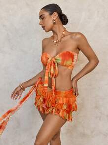 SHEIN Swim Basics Women's Sexy Tie-Dye Print Bandeau Bikini Set