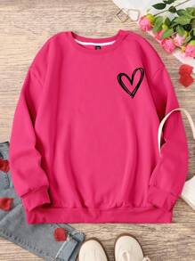 SHEIN LUNE Sudadera de talla grande para mujer con estampado de corazón, cuello redondo y manga larga