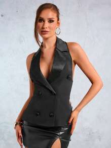 SHEIN SXY New Year's Wedding Season Party Elegant Casual Sexy Nightclub Valentine's Day Date Commute Black Short Big Backless Double Breasted Satin Stitching Sleeveless Suit Blazer