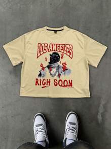 Manfinity Roghcode Men's Slogan & Graphic Print Round Neck Loose Casual Short Sleeve T-Shirt, INS Young Street Fashion, Los Angeles, RICH SOON, US Dollar Print Pattern, Rapper - Apricot - View 3