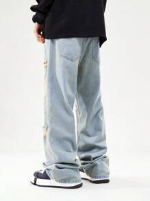 ROMWE MEN Street Life Men's Casual Zippered Distressed Pocket Design Denim Jeans - Bronze - View 3