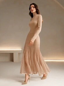 Anewsta 女士优雅高领拼布面料收腰紧身透明亮片美人鱼下摆毛衣裙，圣诞节和新年夜派对礼服