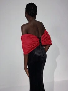 Elitara 女士优雅浪漫露肩超大蝴蝶结拼接喇叭袖黑色天鹅绒美人鱼礼服搭配戏剧性拖尾，适合派对、约会、晚会、婚礼宾客礼服 - 彩色 - 查看 5