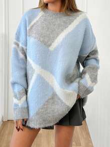 EURMUSE Women Round Neck Hairy Warm Cozy Yarn Asymmetrical Pattern Sweater - Light Grey - View 1