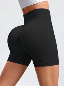 SHEIN Sport Studio 2 Stück Damen Shorts mit hoher Taille, plissiert, Lässig und nahtlos, Sportshorts, einfarbige Damen Schweißshorts, Fitness-Shorts, Biker-Shorts