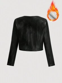 SHEIN MOD Giacca in similpelle con collo rotondo, maniche lunghe, tasche e bottoni automatici, giacca in pile, giacca nera da donna, giacca di pelle da donna, giacca invernale da donna, casual business da donna