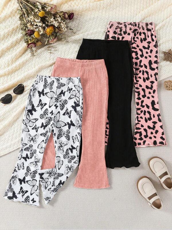 GraphicGems 4pcs Young Girl Casual Multi-Color Butterfly & Leopard Print Pattern Plus Solid Color Versatile Flare Pants For Spring/Autumn
