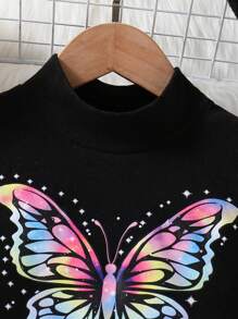 SHEIN 2 件年轻女孩通勤休闲时尚蝴蝶印花上衣 + 皮裙套装，秋冬新款长袖 T 恤，蓬松袖口，个性蝴蝶结系带皮裙，韩版，温暖，时尚，适合各种场合 - 黑色 - 查看 4