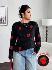 Calvaya Oversized Damen Plüsch Sweatshirt, Lässig & Pendeln, warm & bequem, schwarz mit Erdbeere Dekoration, gestrickter Stoff, Herbst/Winter Grafik T-Shirts Damen Tops - Schwarz - Übersicht 1